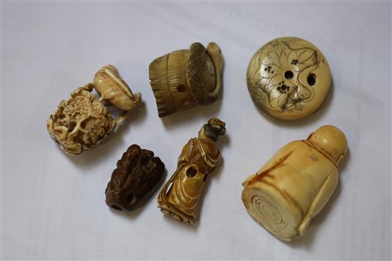 Five Japanese netsuke in ivory and staghorn etc., and ivory figure of Hotei, 19th century